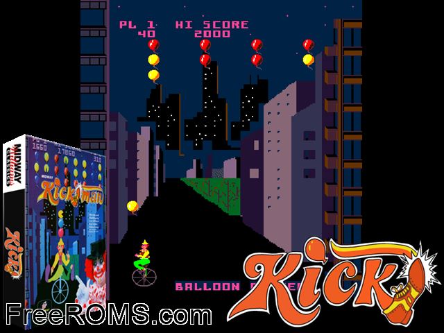 Kick (upright) MAME game showing 3D box cover and gameplay screenshot