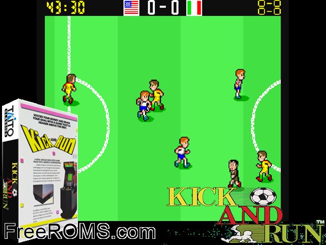Kick and Run MAME game showing 3D box cover and gameplay screenshot
