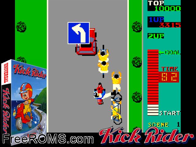 Kick Rider MAME game showing 3D box cover and gameplay screenshot