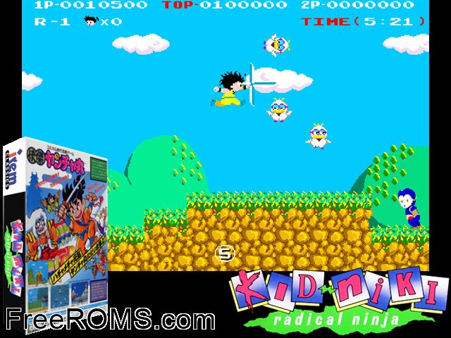 Kid Niki - Radical Ninja (World) MAME game showing 3D box cover and gameplay screenshot