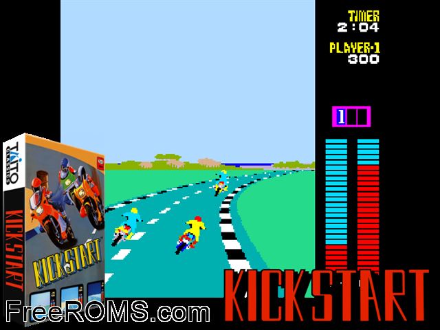 Kick Start Wheelie King MAME game showing 3D box cover and gameplay screenshot