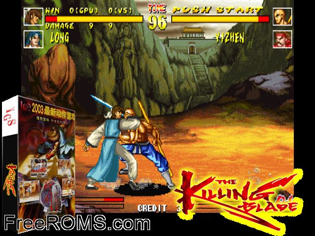 The Killing Blade MAME game showing 3D box cover and gameplay screenshot
