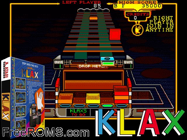 Klax (set 1) MAME game showing 3D box cover and gameplay screenshot