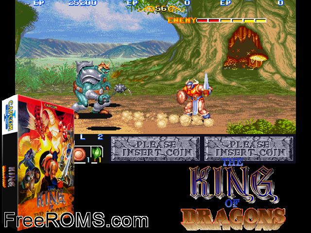 The King of Dragons (bootleg) MAME game showing 3D box cover and gameplay screenshot