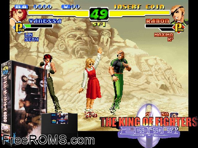 The King of Fighters 2000 MAME game showing 3D box cover and gameplay screenshot