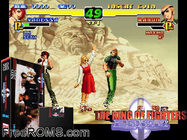 The King of Fighters 2000 (not encrypted) MAME game showing 3D box cover and gameplay screenshot