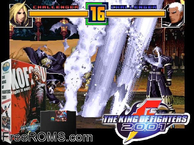 The King of Fighters 2001 (set 1) MAME game showing 3D box cover and gameplay screenshot