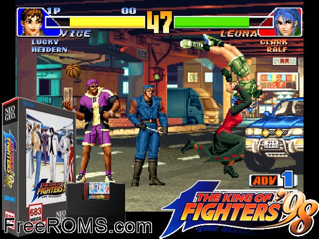 The King of Fighters '98 - The Slugfest / King of Fighters '98 - dream match never ends MAME game showing 3D box cover and gameplay screenshot