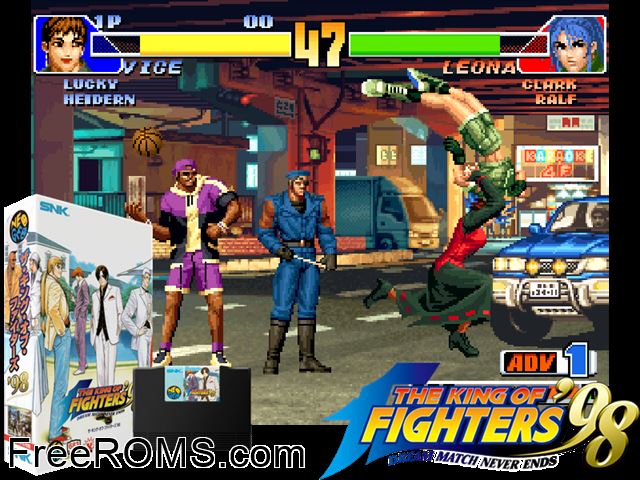 The King of Fighters '98 - The Slugfest / King of Fighters '98 - dream match never ends (K MAME game showing 3D box cover and gameplay screenshot