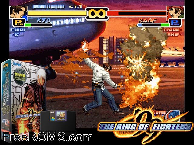 The King of Fighters '99 - Millennium Battle (set 1) MAME game showing 3D box cover and gameplay screenshot
