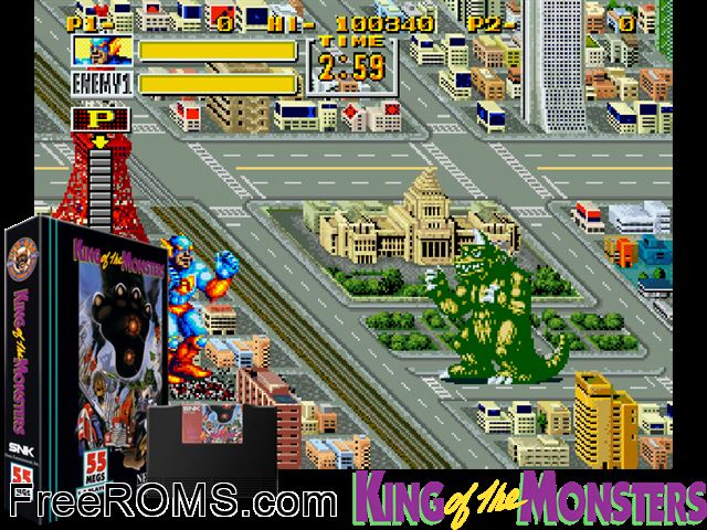 King of the Monsters (set 1) MAME game showing 3D box cover and gameplay screenshot
