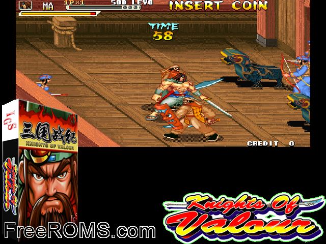 Knights of Valour / Sangoku Senki (ver. 100, Japanese Board) MAME game showing 3D box cover and gameplay screenshot