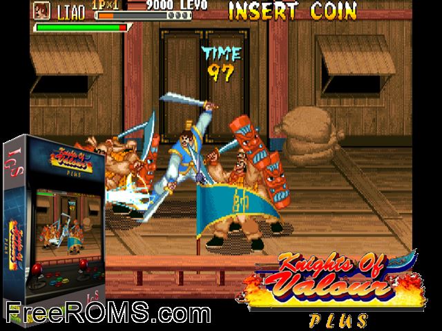 Knights of Valour Plus / Sangoku Senki Plus (ver. 119) MAME game showing 3D box cover and gameplay screenshot