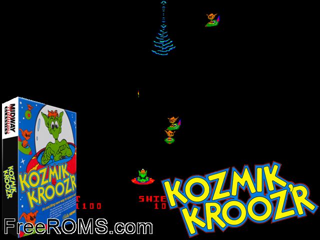 Kozmik Kroozr MAME game showing 3D box cover and gameplay screenshot