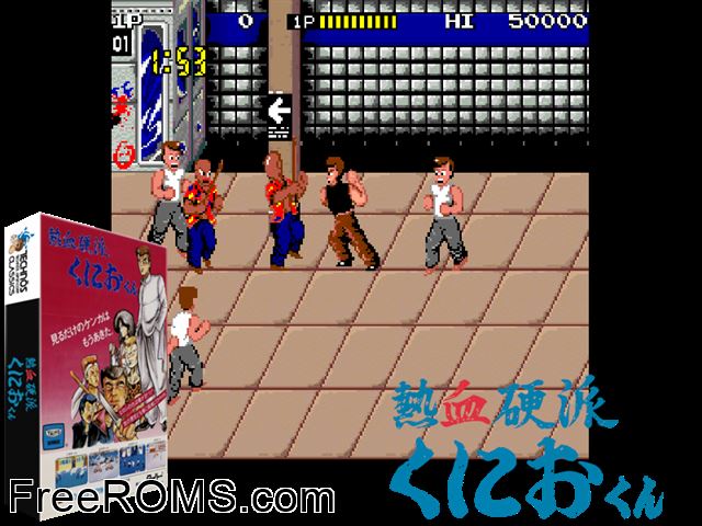 Nekketsu Kouha Kunio-kun (Japan) MAME game showing 3D box cover and gameplay screenshot
