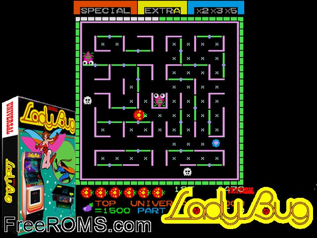 Ladybug (bootleg on Galaxian hardware) MAME game showing 3D box cover and gameplay screenshot