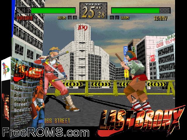 Last Bronx (Export, Rev A) MAME game showing 3D box cover and gameplay screenshot