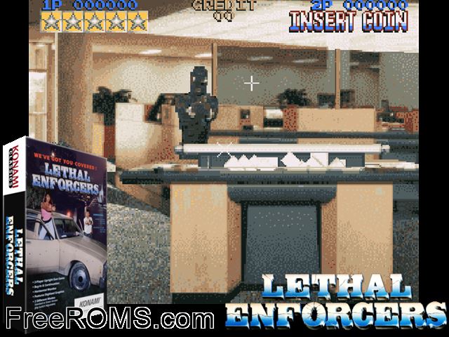 Lethal Enforcers (ver UAE) MAME game showing 3D box cover and gameplay screenshot