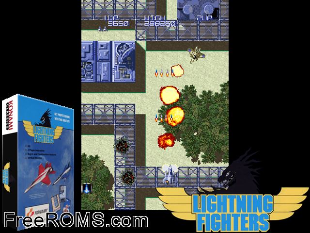 Lightning Fighters (World) MAME game showing 3D box cover and gameplay screenshot