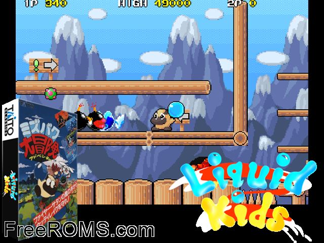 Liquid Kids (World) MAME game showing 3D box cover and gameplay screenshot
