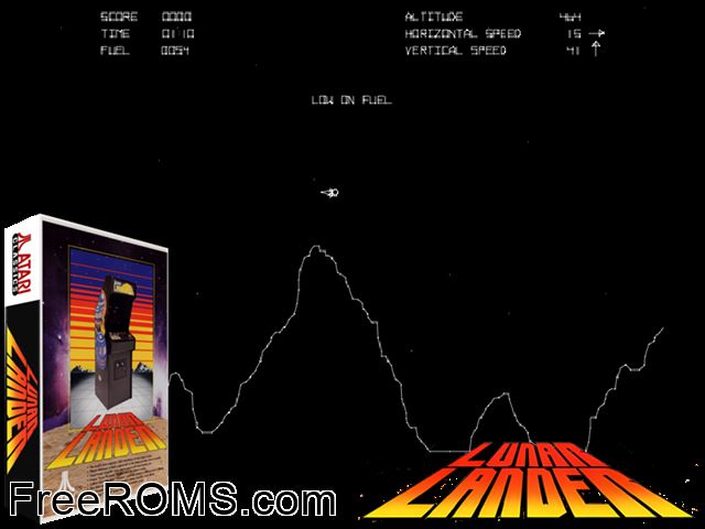 Lunar Lander (rev 1) MAME game showing 3D box cover and gameplay screenshot