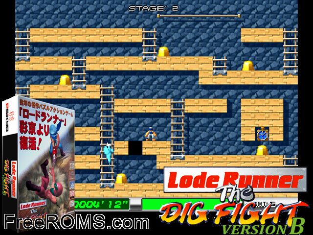 Lode Runner - The Dig Fight (ver. B) MAME game showing 3D box cover and gameplay screenshot