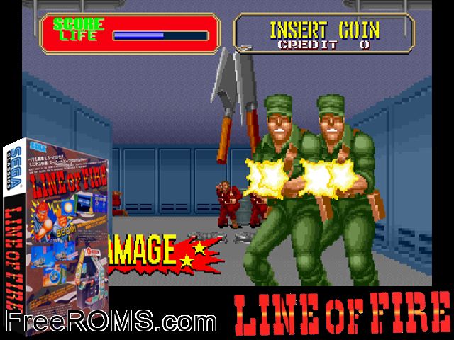 Line of Fire / Bakudan Yarou (US, FD1094 317-0135) MAME game showing 3D box cover and gameplay screenshot