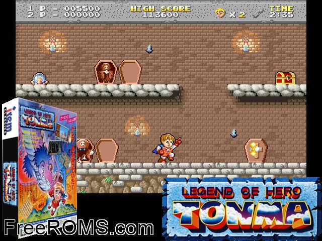 Legend of Hero Tonma MAME game showing 3D box cover and gameplay screenshot