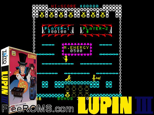Lupin III MAME game showing 3D box cover and gameplay screenshot