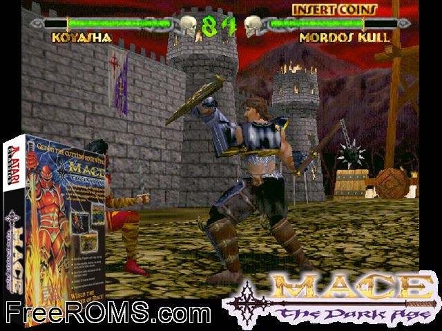Mace: The Dark Age (HDD 1.0a MAME game showing 3D box cover and gameplay screenshot