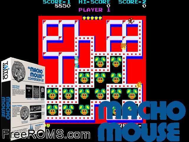 Macho Mouse MAME game showing 3D box cover and gameplay screenshot