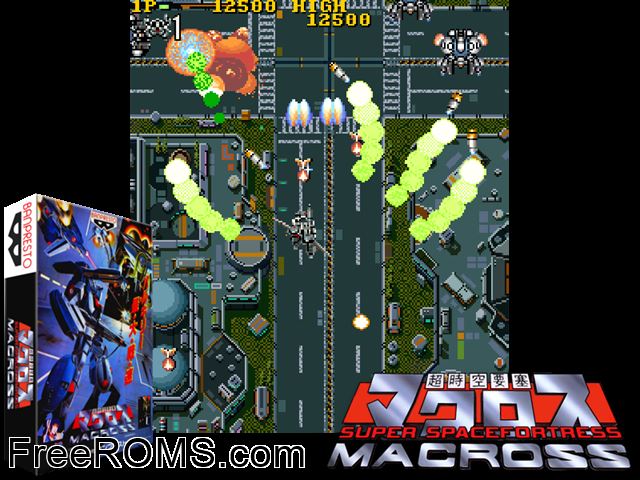Super Spacefortress Macross / Chou-Jikuu Yousai Macross MAME game showing 3D box cover and gameplay screenshot