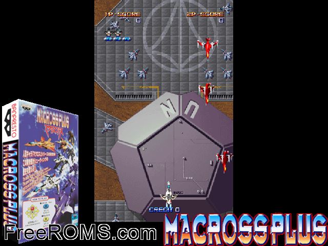Macross Plus MAME game showing 3D box cover and gameplay screenshot