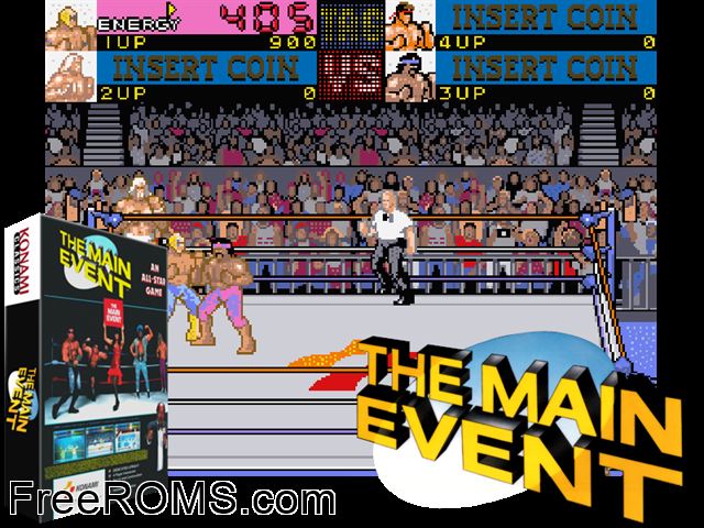 The Main Event (4 Players ver. Y) MAME game showing 3D box cover and gameplay screenshot