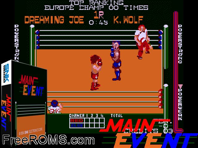 Main Event (1984) MAME game showing 3D box cover and gameplay screenshot