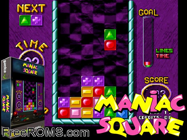 Maniac Square (unprotected) MAME game showing 3D box cover and gameplay screenshot