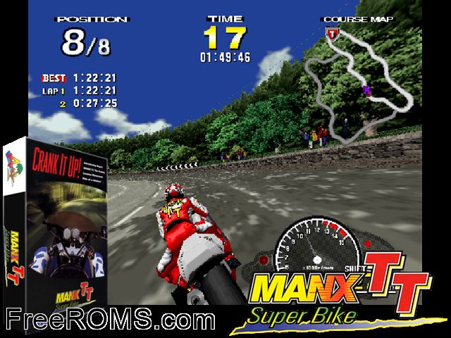 Manx TT Superbike MAME game showing 3D box cover and gameplay screenshot