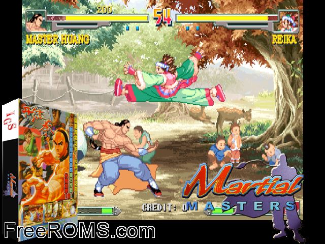 Martial Masters MAME game showing 3D box cover and gameplay screenshot
