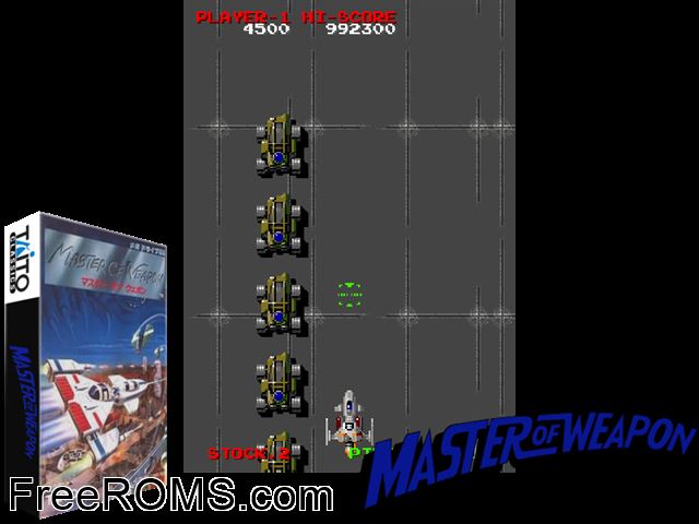 Master of Weapon (World) MAME game showing 3D box cover and gameplay screenshot