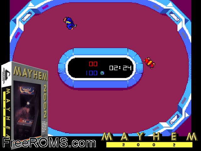Mayhem 2002 MAME game showing 3D box cover and gameplay screenshot