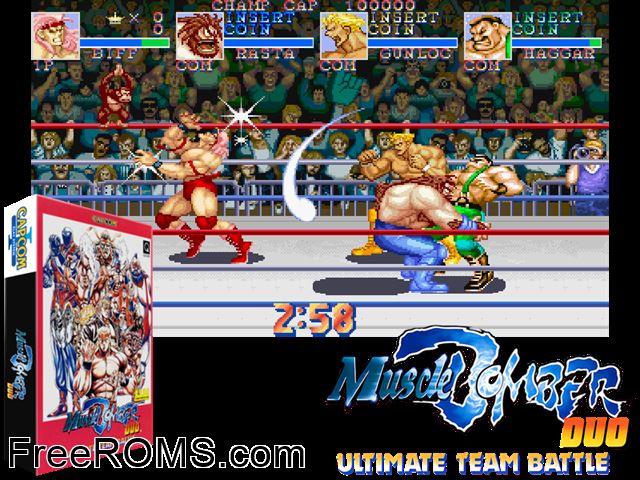 Muscle Bomber Duo - Heat Up Warriors (Japan 931206) MAME game showing 3D box cover and gameplay screenshot