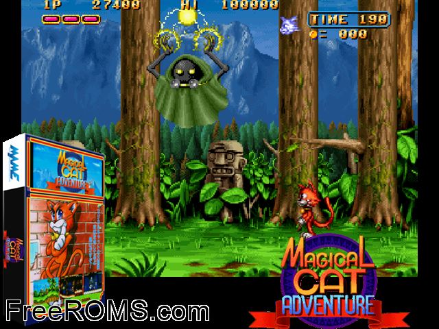 Magical Cat Adventure (Japan) MAME game showing 3D box cover and gameplay screenshot