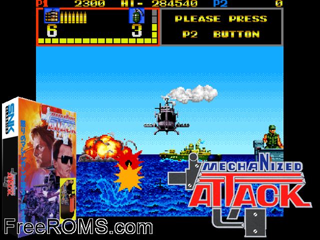 Mechanized Attack (World) MAME game showing 3D box cover and gameplay screenshot