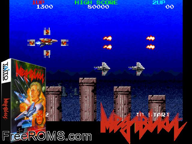 Mega Blast (World) MAME game showing 3D box cover and gameplay screenshot