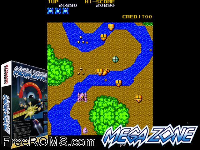 Mega Zone (Interlogic + Kosuka) MAME game showing 3D box cover and gameplay screenshot
