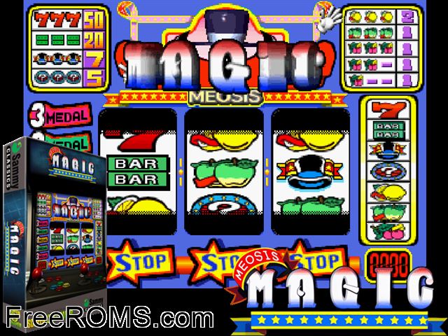 Meosis Magic (Japan) MAME game showing 3D box cover and gameplay screenshot