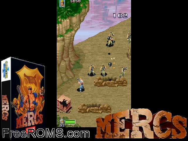 Mercs (World 900302) MAME game showing 3D box cover and gameplay screenshot