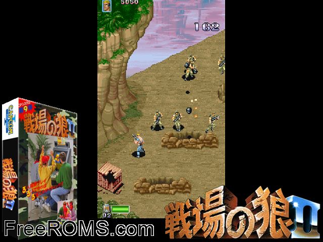 Senjou no Ookami II (Japan 900302) MAME game showing 3D box cover and gameplay screenshot