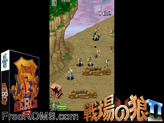 Mercs (US 900302) MAME game showing 3D box cover and gameplay screenshot