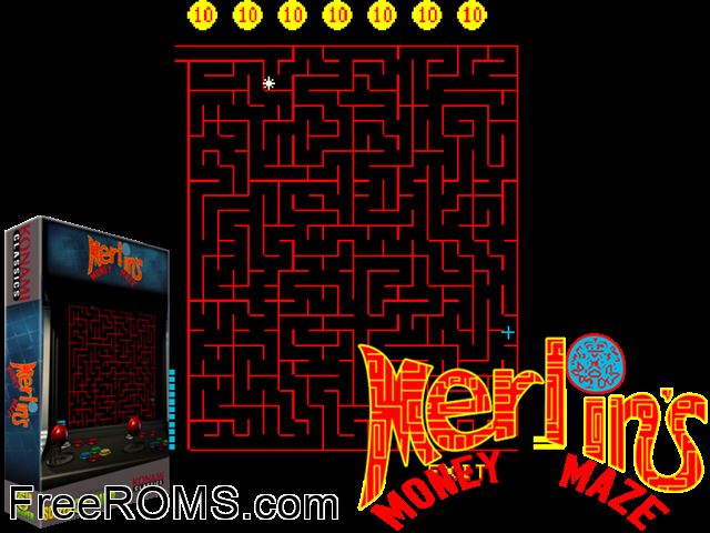 Merlins Money Maze MAME game showing 3D box cover and gameplay screenshot